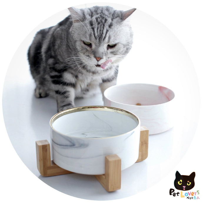 陶瓷貓碗寵物碗大理石紋水碗糧碗(金邊灰色大理石紋連木架) - 黑貓雜貨 Petlovers