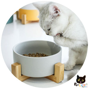 陶瓷貓碗寵物碗大理石紋水碗糧碗(灰色連木架) - 黑貓雜貨 Petlovers